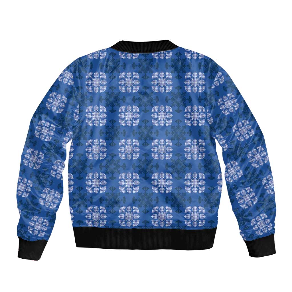 Royal Blue Hawaiian Quilt Bomber Jacket Hawaii Pineapple Monstera Palaka Motifs - Polynesian Pride