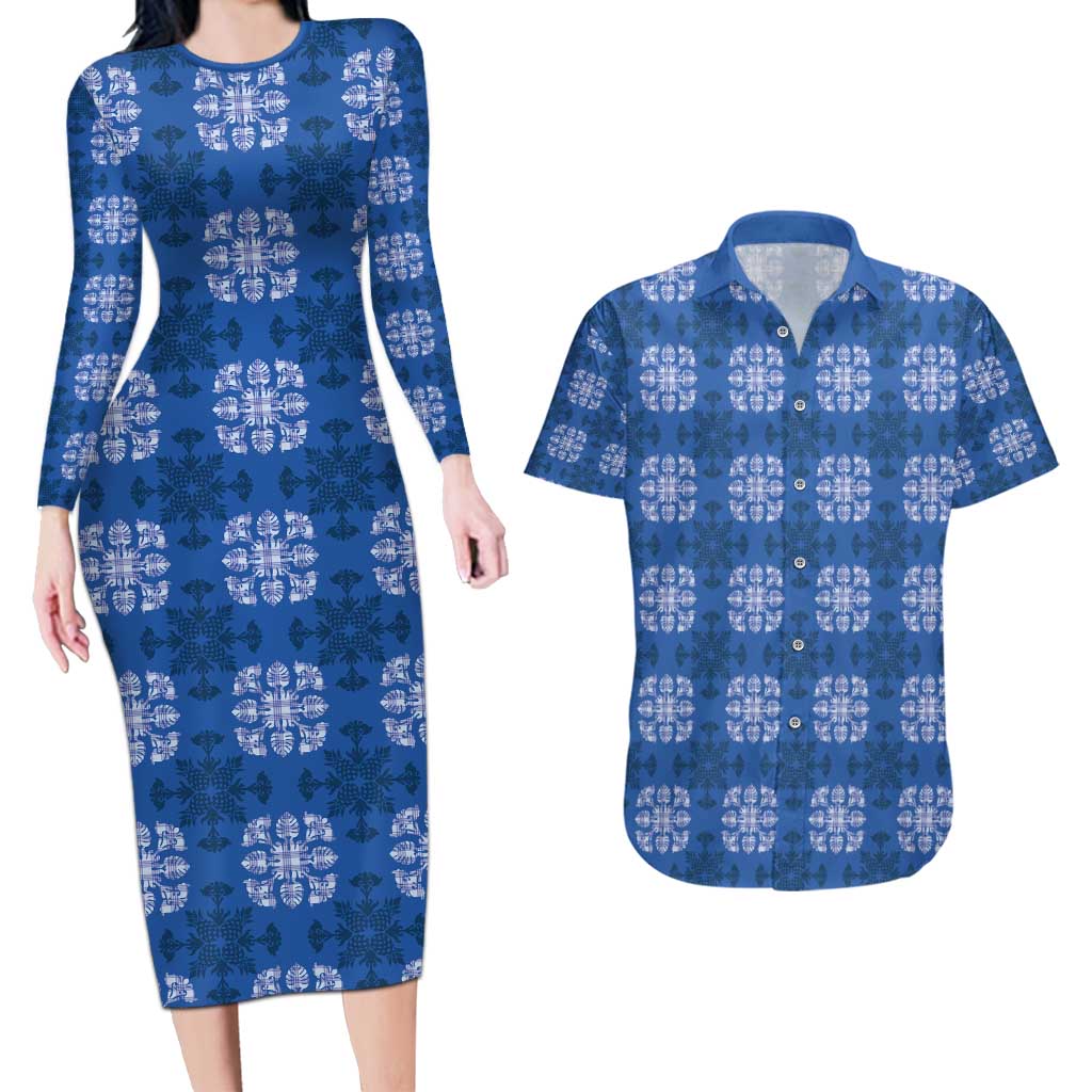 Royal Blue Hawaiian Quilt Couples Matching Long Sleeve Bodycon Dress and Hawaiian Shirt Hawaii Pineapple Monstera Palaka Motifs LT14 Royal Blue - Polynesian Pride