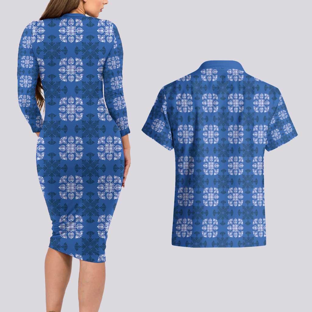 Royal Blue Hawaiian Quilt Couples Matching Long Sleeve Bodycon Dress and Hawaiian Shirt Hawaii Pineapple Monstera Palaka Motifs LT14 - Polynesian Pride