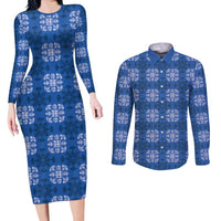 Royal Blue Hawaiian Quilt Couples Matching Long Sleeve Bodycon Dress and Long Sleeve Button Shirt Hawaii Pineapple Monstera Palaka Motifs LT14 Royal Blue - Polynesian Pride