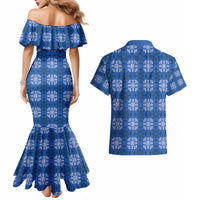 Royal Blue Hawaiian Quilt Couples Matching Mermaid Dress and Hawaiian Shirt Hawaii Pineapple Monstera Palaka Motifs LT14 - Polynesian Pride
