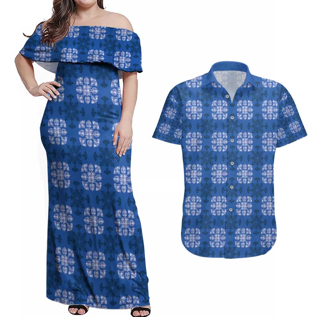 Royal Blue Hawaiian Quilt Couples Matching Off Shoulder Maxi Dress and Hawaiian Shirt Hawaii Pineapple Monstera Palaka Motifs LT14 Royal Blue - Polynesian Pride