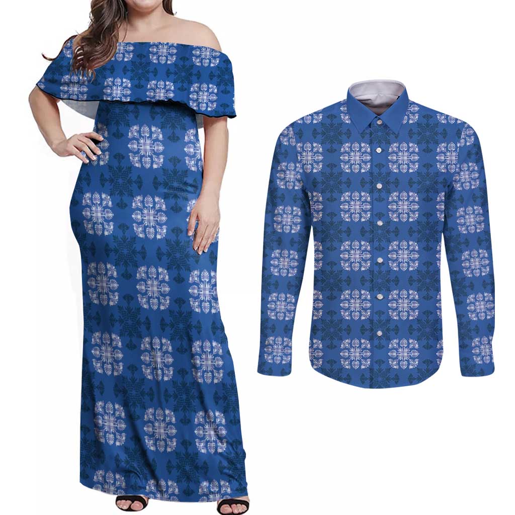 Royal Blue Hawaiian Quilt Couples Matching Off Shoulder Maxi Dress and Long Sleeve Button Shirt Hawaii Pineapple Monstera Palaka Motifs - Polynesian Pride