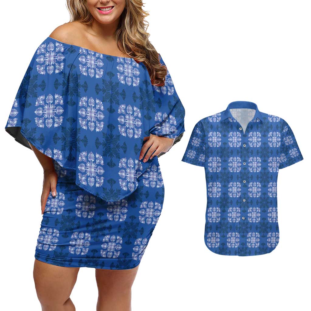 Royal Blue Hawaiian Quilt Couples Matching Off Shoulder Short Dress and Hawaiian Shirt Hawaii Pineapple Monstera Palaka Motifs LT14 Royal Blue - Polynesian Pride