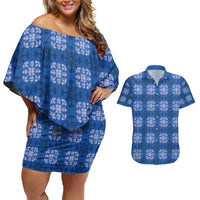 Royal Blue Hawaiian Quilt Couples Matching Off Shoulder Short Dress and Hawaiian Shirt Hawaii Pineapple Monstera Palaka Motifs LT14 Royal Blue - Polynesian Pride