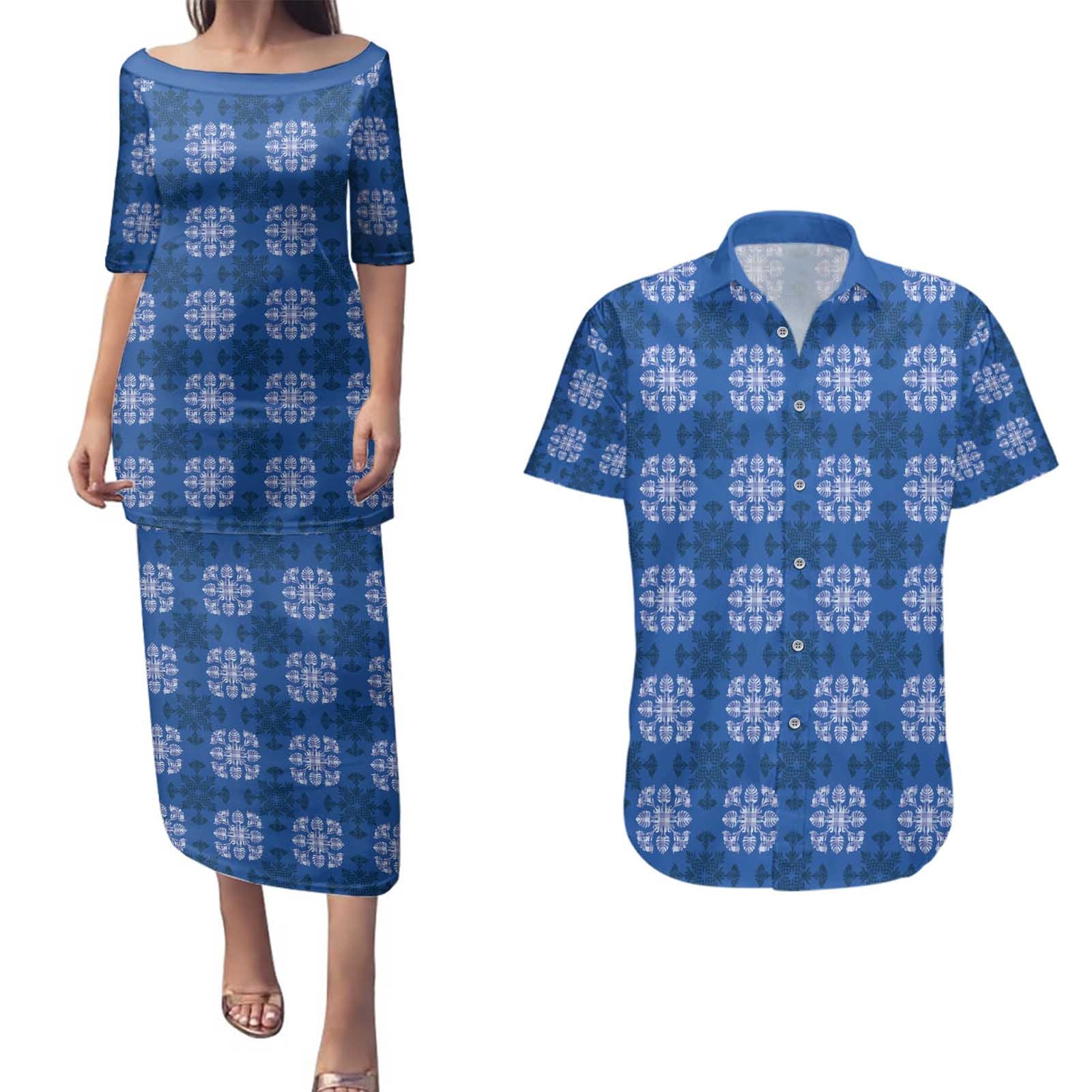 Royal Blue Hawaiian Quilt Couples Matching Puletasi and Hawaiian Shirt Hawaii Pineapple Monstera Palaka Motifs - Polynesian Pride