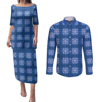 Royal Blue Hawaiian Quilt Couples Matching Puletasi and Long Sleeve Button Shirt Hawaii Pineapple Monstera Palaka Motifs - Polynesian Pride