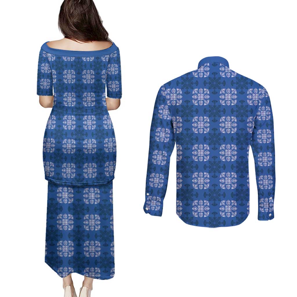 Royal Blue Hawaiian Quilt Couples Matching Puletasi and Long Sleeve Button Shirt Hawaii Pineapple Monstera Palaka Motifs - Polynesian Pride