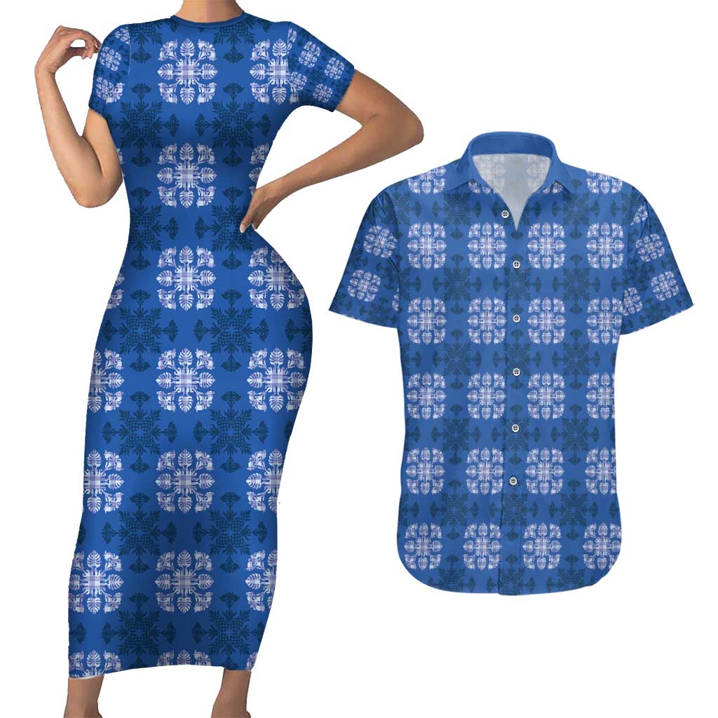 Royal Blue Hawaiian Quilt Couples Matching Short Sleeve Bodycon Dress and Hawaiian Shirt Hawaii Pineapple Monstera Palaka Motifs LT14 Royal Blue - Polynesian Pride