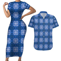 Royal Blue Hawaiian Quilt Couples Matching Short Sleeve Bodycon Dress and Hawaiian Shirt Hawaii Pineapple Monstera Palaka Motifs LT14 Royal Blue - Polynesian Pride