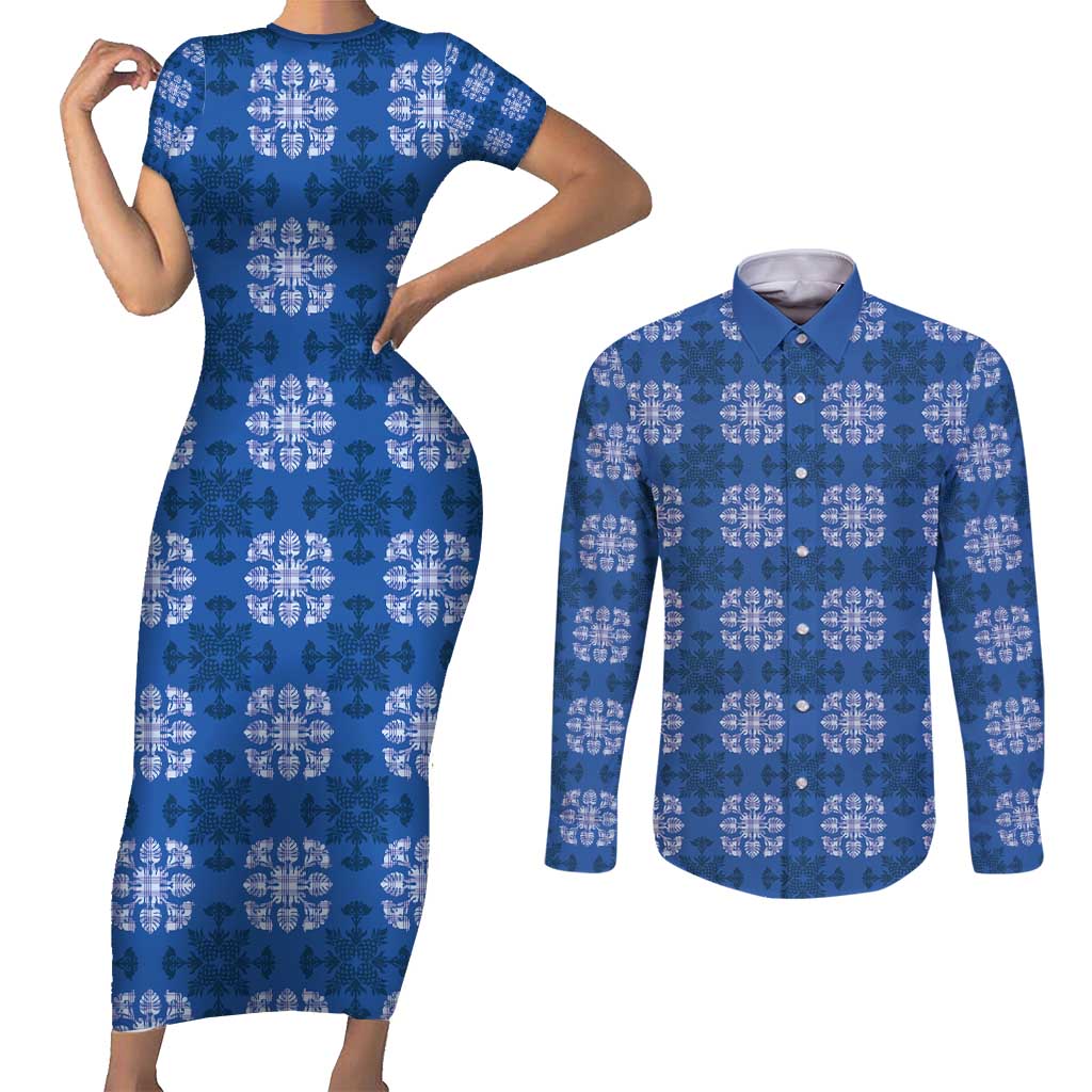 Royal Blue Hawaiian Quilt Couples Matching Short Sleeve Bodycon Dress and Long Sleeve Button Shirt Hawaii Pineapple Monstera Palaka Motifs LT14 Royal Blue - Polynesian Pride
