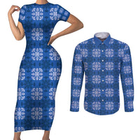 Royal Blue Hawaiian Quilt Couples Matching Short Sleeve Bodycon Dress and Long Sleeve Button Shirt Hawaii Pineapple Monstera Palaka Motifs LT14 Royal Blue - Polynesian Pride