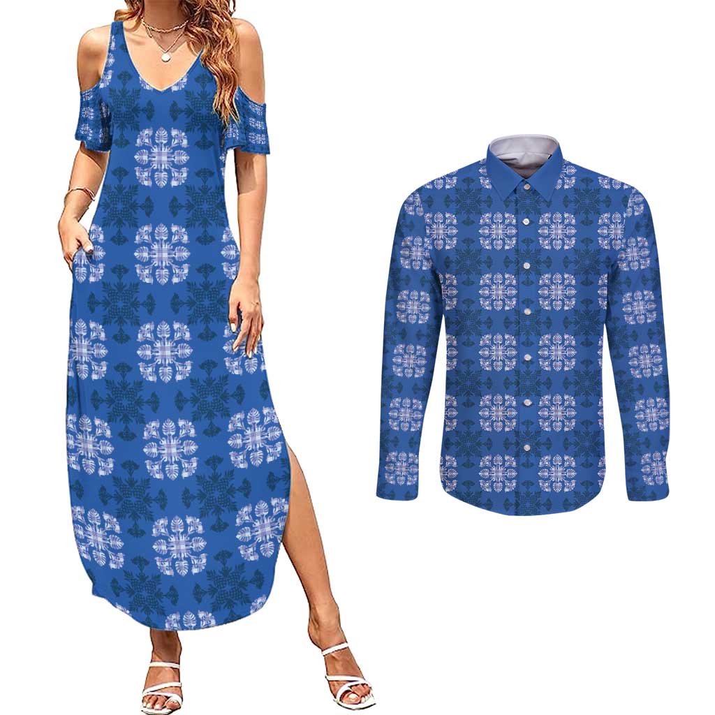 Royal Blue Hawaiian Quilt Couples Matching Summer Maxi Dress and Long Sleeve Button Shirt Hawaii Pineapple Monstera Palaka Motifs - Polynesian Pride