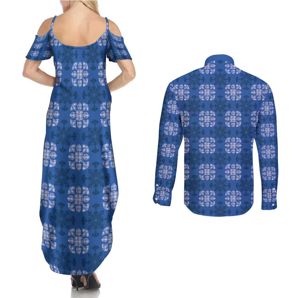 Royal Blue Hawaiian Quilt Couples Matching Summer Maxi Dress and Long Sleeve Button Shirt Hawaii Pineapple Monstera Palaka Motifs - Polynesian Pride
