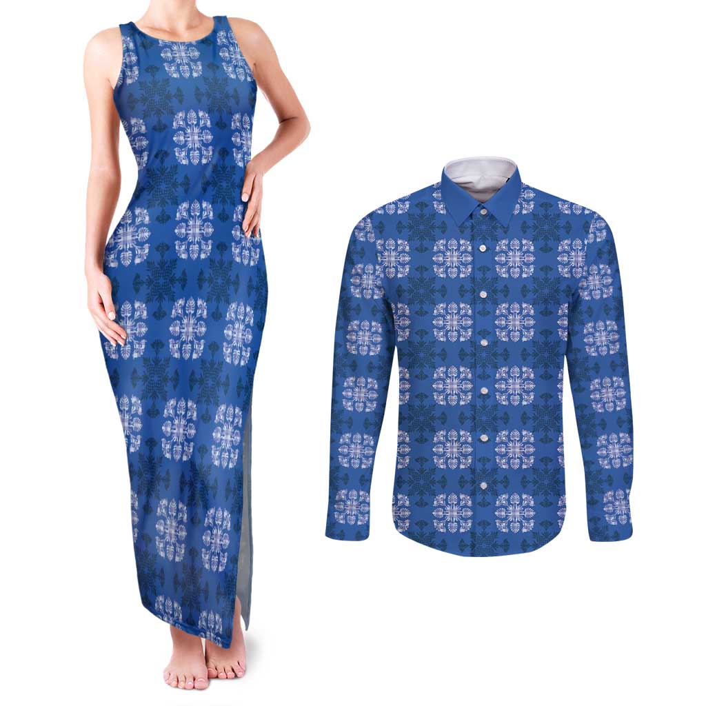 Royal Blue Hawaiian Quilt Couples Matching Tank Maxi Dress and Long Sleeve Button Shirt Hawaii Pineapple Monstera Palaka Motifs - Polynesian Pride