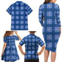 Royal Blue Hawaiian Quilt Family Matching Long Sleeve Bodycon Dress and Hawaiian Shirt Hawaii Pineapple Monstera Palaka Motifs LT14 - Polynesian Pride
