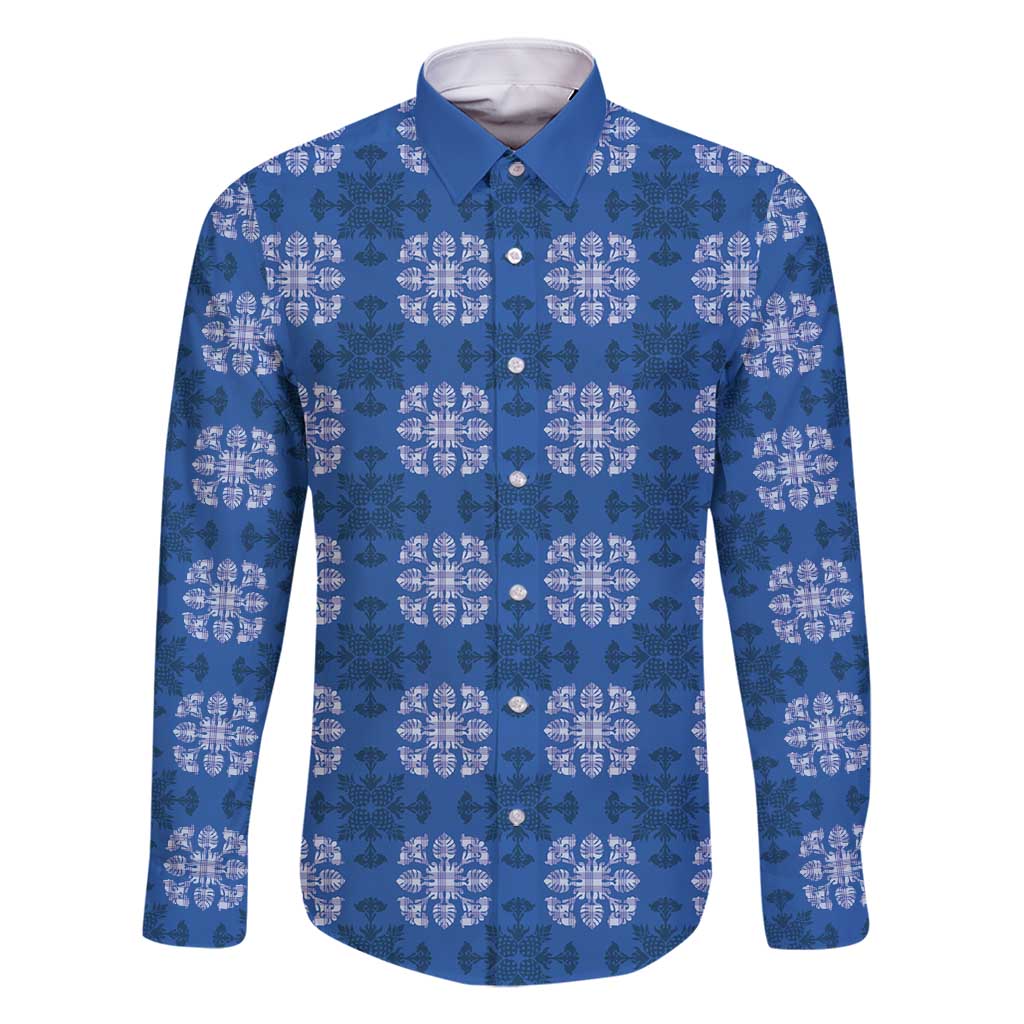 Royal Blue Hawaiian Quilt Family Matching Long Sleeve Bodycon Dress and Hawaiian Shirt Hawaii Pineapple Monstera Palaka Motifs LT14 Dad's Shirt - Long Sleeve Royal Blue - Polynesian Pride