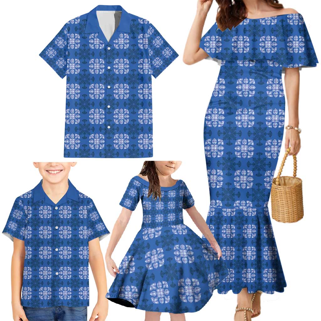 Royal Blue Hawaiian Quilt Family Matching Mermaid Dress and Hawaiian Shirt Hawaii Pineapple Monstera Palaka Motifs LT14 - Polynesian Pride