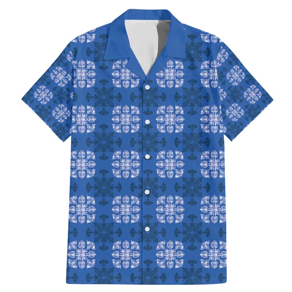 Royal Blue Hawaiian Quilt Family Matching Mermaid Dress and Hawaiian Shirt Hawaii Pineapple Monstera Palaka Motifs LT14 Dad's Shirt - Short Sleeve Royal Blue - Polynesian Pride