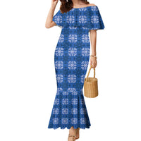 Royal Blue Hawaiian Quilt Family Matching Mermaid Dress and Hawaiian Shirt Hawaii Pineapple Monstera Palaka Motifs LT14 Mom's Dress Royal Blue - Polynesian Pride