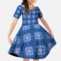Royal Blue Hawaiian Quilt Family Matching Off The Shoulder Long Sleeve Dress and Hawaiian Shirt Hawaii Pineapple Monstera Palaka Motifs LT14 Daughter's Dress Royal Blue - Polynesian Pride