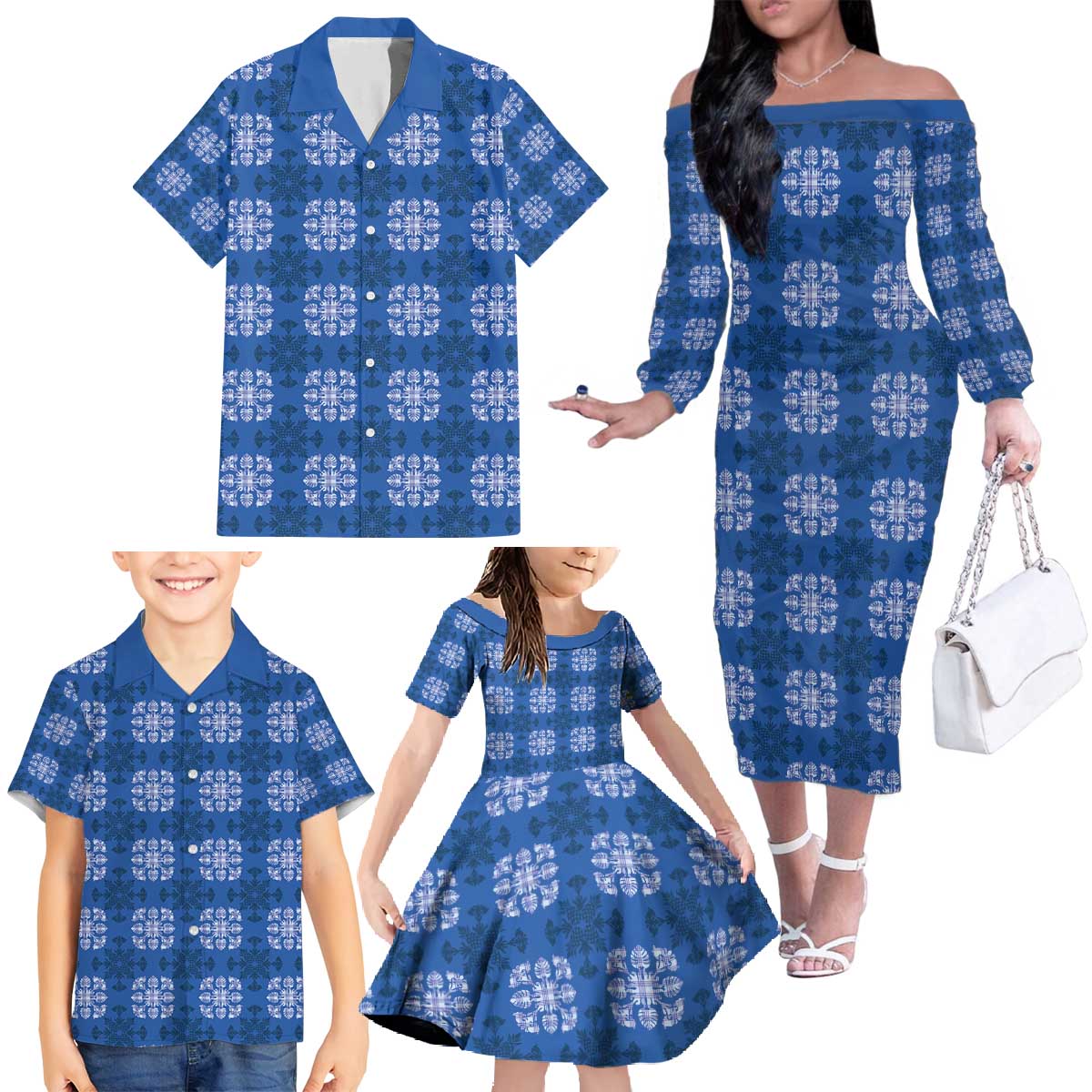 Royal Blue Hawaiian Quilt Family Matching Off The Shoulder Long Sleeve Dress and Hawaiian Shirt Hawaii Pineapple Monstera Palaka Motifs LT14 - Polynesian Pride
