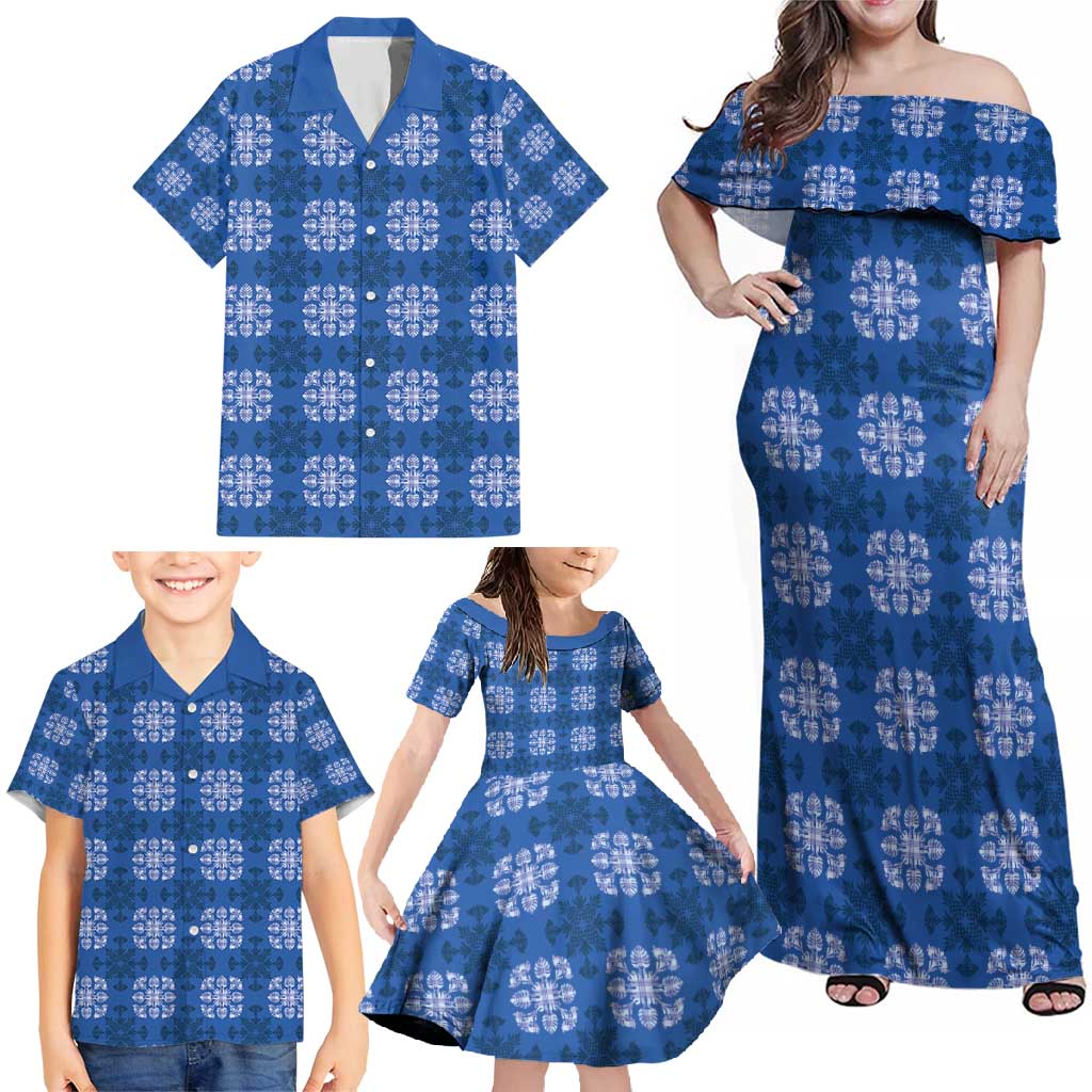 Royal Blue Hawaiian Quilt Family Matching Off Shoulder Maxi Dress and Hawaiian Shirt Hawaii Pineapple Monstera Palaka Motifs LT14 - Polynesian Pride
