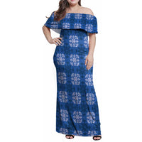 Royal Blue Hawaiian Quilt Family Matching Off Shoulder Maxi Dress and Hawaiian Shirt Hawaii Pineapple Monstera Palaka Motifs LT14 Mom's Dress Royal Blue - Polynesian Pride