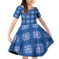 Royal Blue Hawaiian Quilt Family Matching Off Shoulder Short Dress and Hawaiian Shirt Hawaii Pineapple Monstera Palaka Motifs LT14 Daughter's Dress Royal Blue - Polynesian Pride