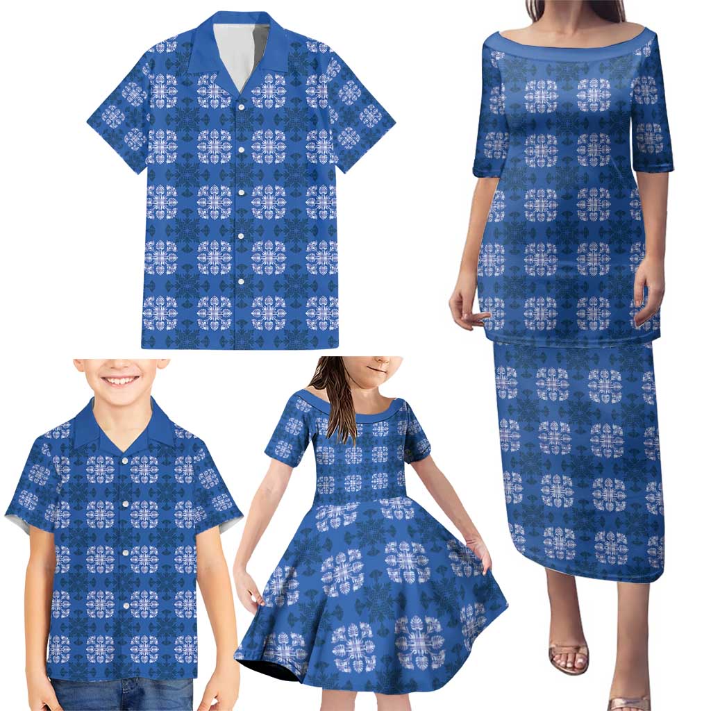 Royal Blue Hawaiian Quilt Family Matching Puletasi and Hawaiian Shirt Hawaii Pineapple Monstera Palaka Motifs LT14 - Polynesian Pride