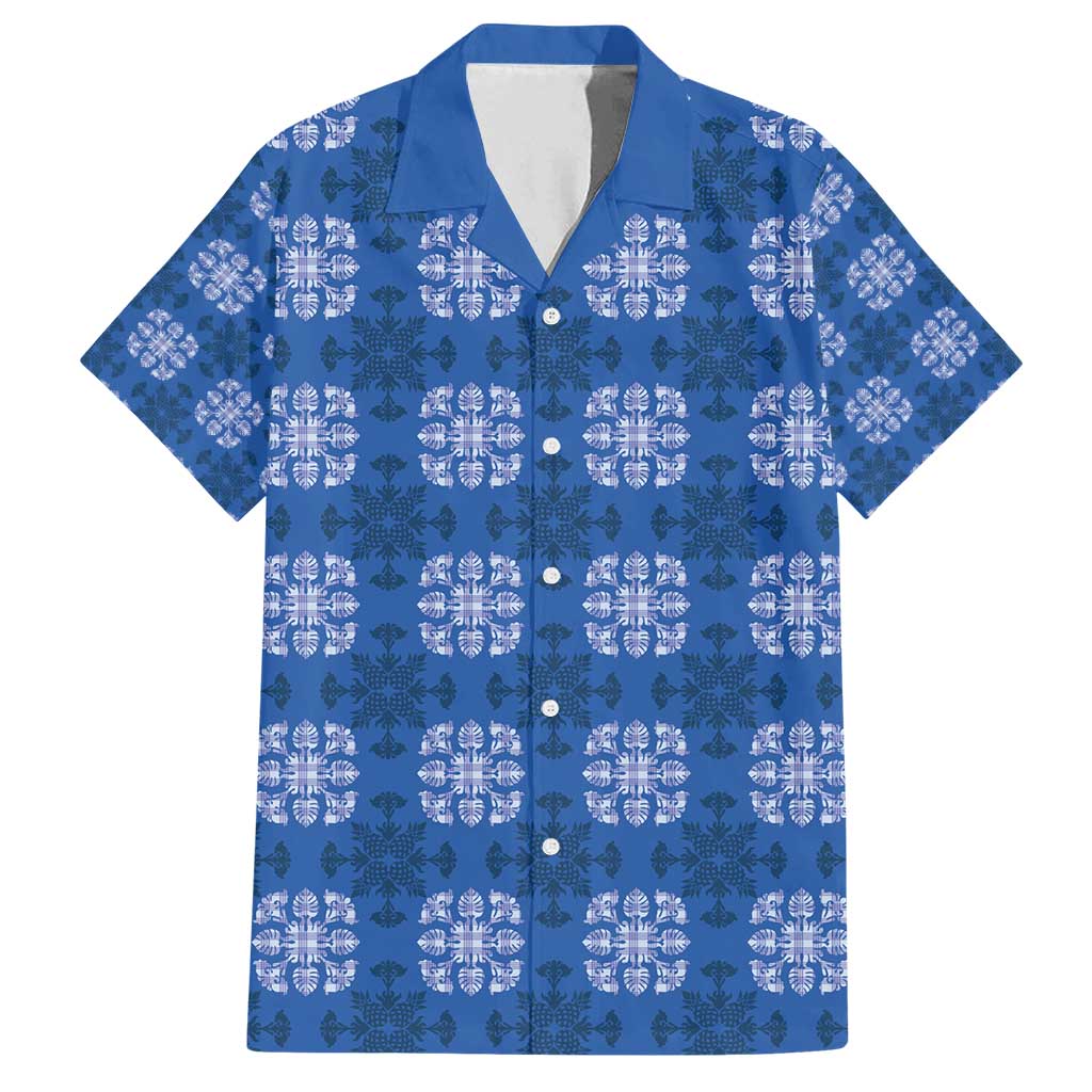 Royal Blue Hawaiian Quilt Family Matching Puletasi and Hawaiian Shirt Hawaii Pineapple Monstera Palaka Motifs LT14 Dad's Shirt - Short Sleeve Royal Blue - Polynesian Pride