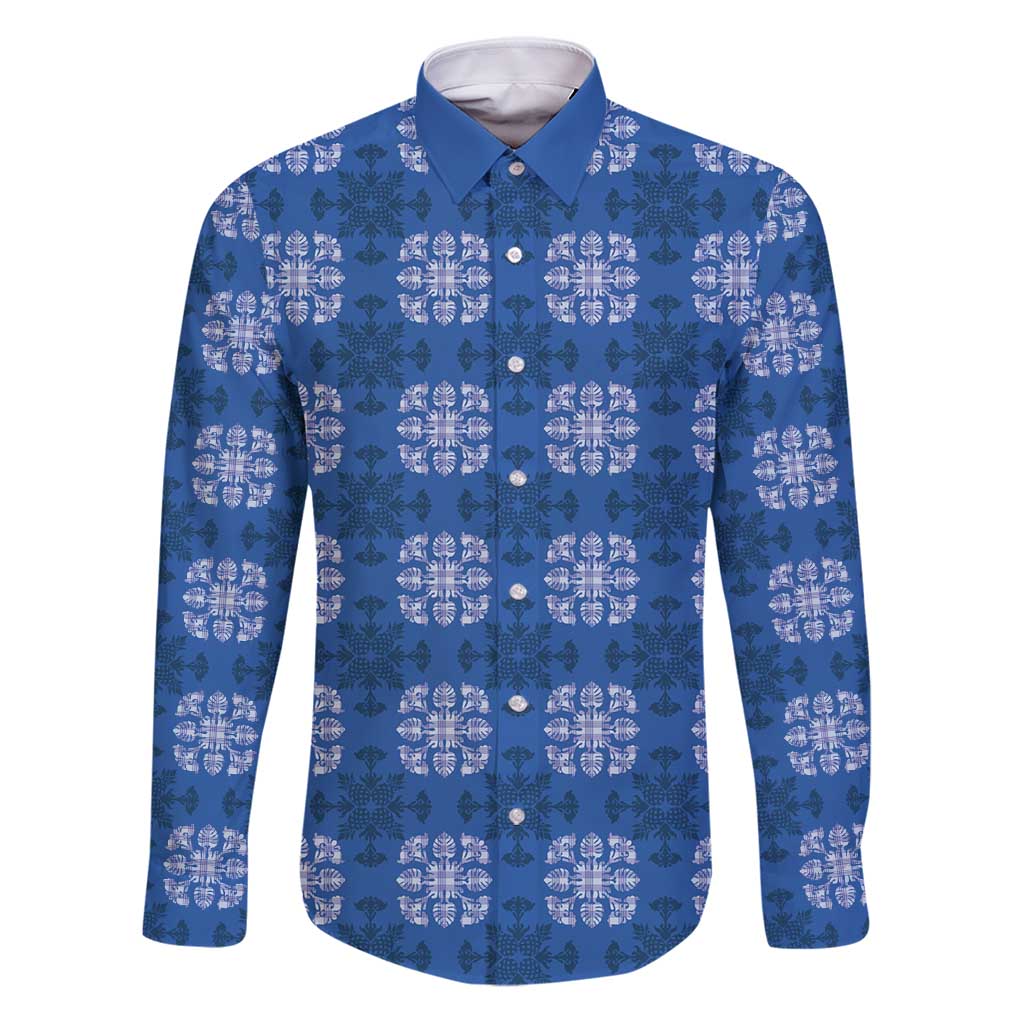 Royal Blue Hawaiian Quilt Family Matching Puletasi and Hawaiian Shirt Hawaii Pineapple Monstera Palaka Motifs LT14 Dad's Shirt - Long Sleeve Royal Blue - Polynesian Pride