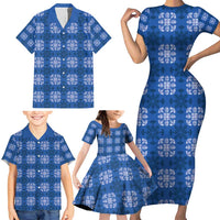 Royal Blue Hawaiian Quilt Family Matching Short Sleeve Bodycon Dress and Hawaiian Shirt Hawaii Pineapple Monstera Palaka Motifs LT14 - Polynesian Pride
