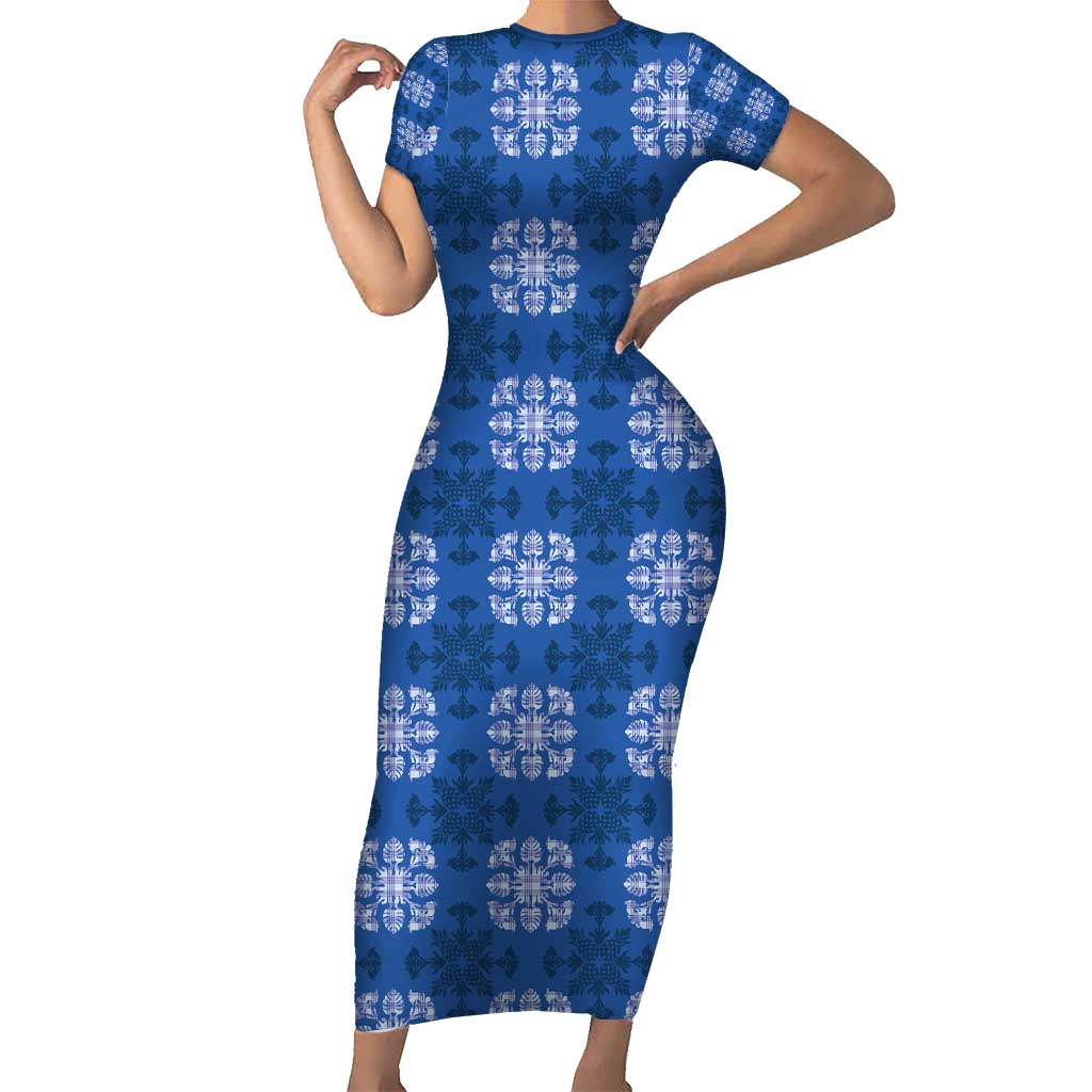 Royal Blue Hawaiian Quilt Family Matching Short Sleeve Bodycon Dress and Hawaiian Shirt Hawaii Pineapple Monstera Palaka Motifs LT14 Mom's Dress Royal Blue - Polynesian Pride