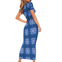 Royal Blue Hawaiian Quilt Family Matching Short Sleeve Bodycon Dress and Hawaiian Shirt Hawaii Pineapple Monstera Palaka Motifs LT14 - Polynesian Pride