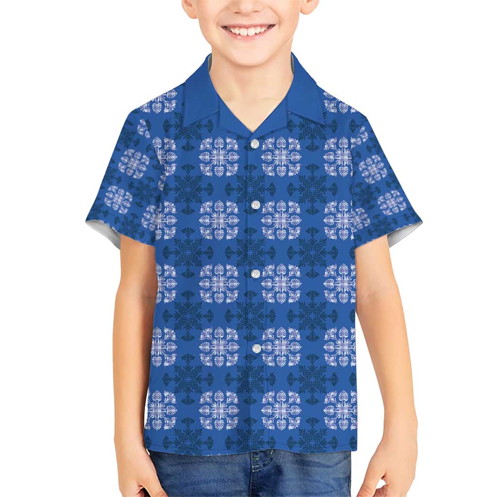 Royal Blue Hawaiian Quilt Family Matching Short Sleeve Bodycon Dress and Hawaiian Shirt Hawaii Pineapple Monstera Palaka Motifs LT14 Son's Shirt Royal Blue - Polynesian Pride