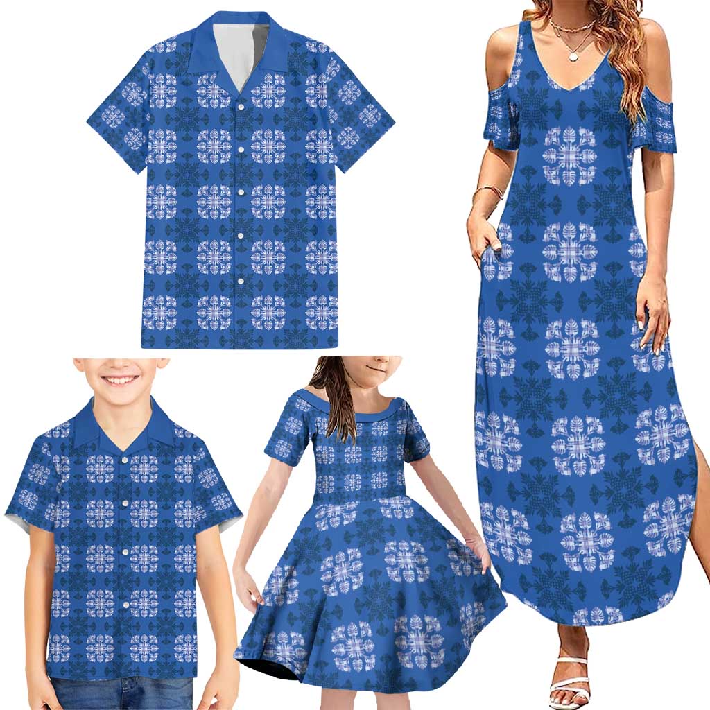 Royal Blue Hawaiian Quilt Family Matching Summer Maxi Dress and Hawaiian Shirt Hawaii Pineapple Monstera Palaka Motifs LT14 - Polynesian Pride