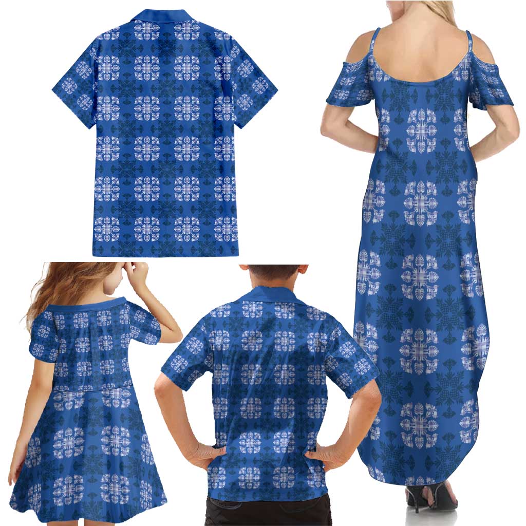 Royal Blue Hawaiian Quilt Family Matching Summer Maxi Dress and Hawaiian Shirt Hawaii Pineapple Monstera Palaka Motifs LT14 - Polynesian Pride