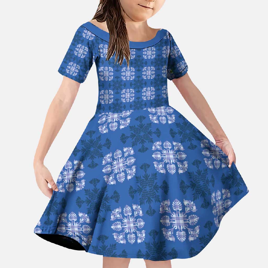 Royal Blue Hawaiian Quilt Family Matching Tank Maxi Dress and Hawaiian Shirt Hawaii Pineapple Monstera Palaka Motifs LT14 Daughter's Dress Royal Blue - Polynesian Pride
