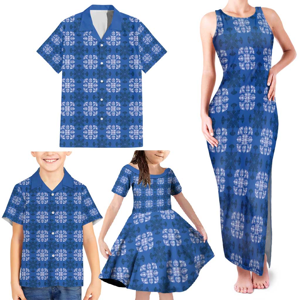 Royal Blue Hawaiian Quilt Family Matching Tank Maxi Dress and Hawaiian Shirt Hawaii Pineapple Monstera Palaka Motifs LT14 - Polynesian Pride