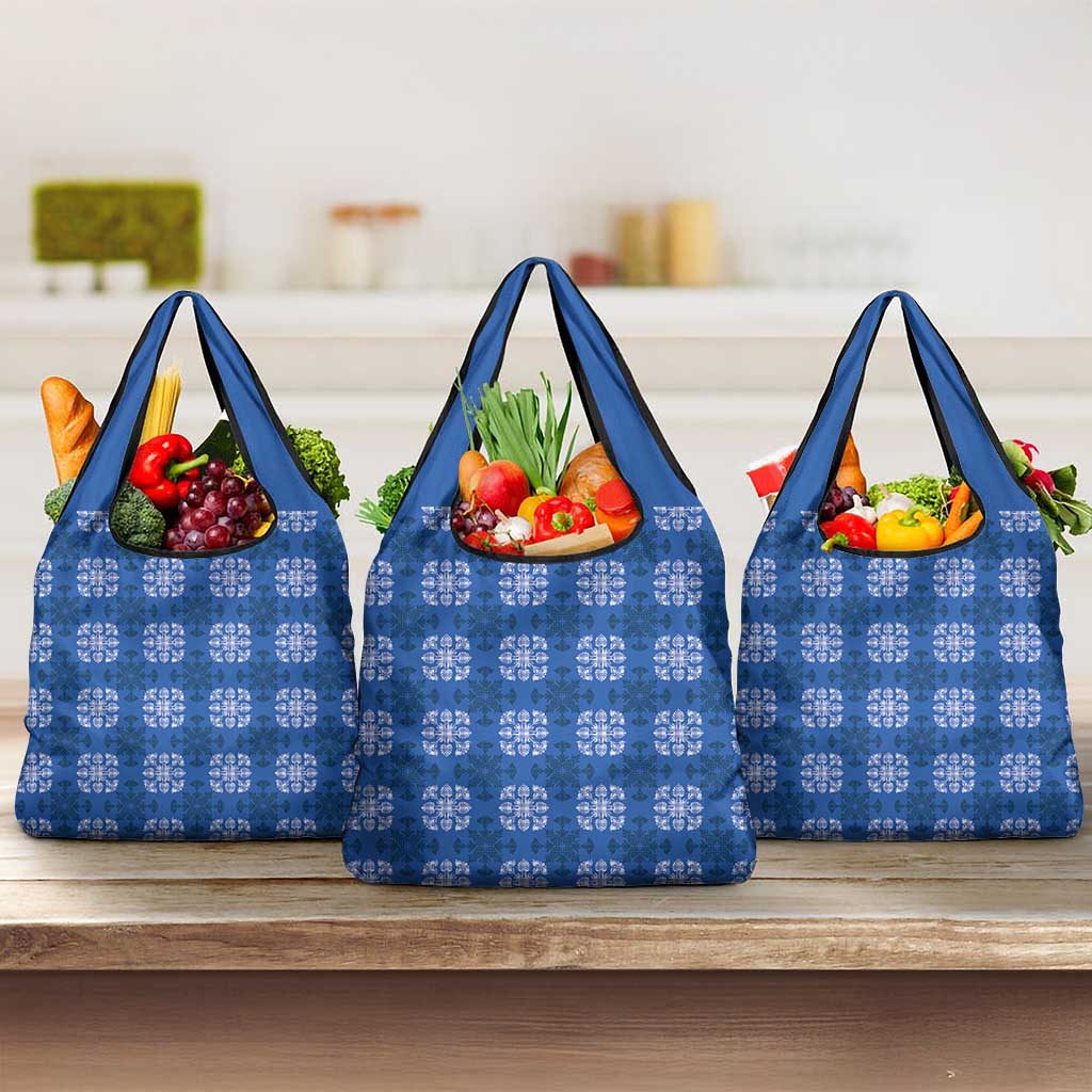 Royal Blue Hawaiian Quilt Grocery Bag Hawaii Pineapple Monstera Palaka Motifs - Polynesian Pride