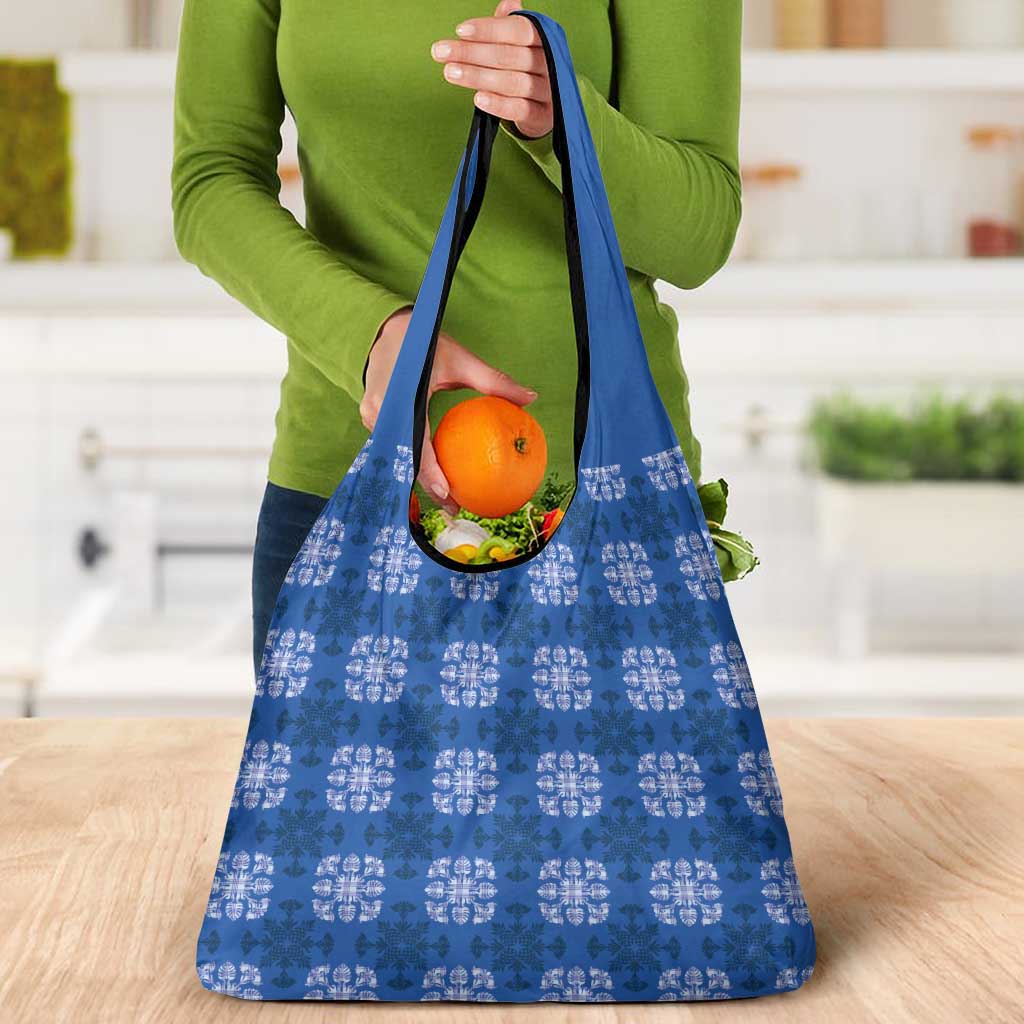 Royal Blue Hawaiian Quilt Grocery Bag Hawaii Pineapple Monstera Palaka Motifs - Polynesian Pride