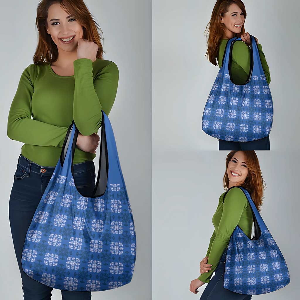 Royal Blue Hawaiian Quilt Grocery Bag Hawaii Pineapple Monstera Palaka Motifs - Polynesian Pride