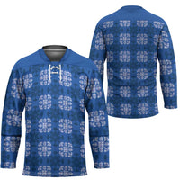 Royal Blue Hawaiian Quilt Hockey Jersey Hawaii Pineapple Monstera Palaka Motifs - Polynesian Pride