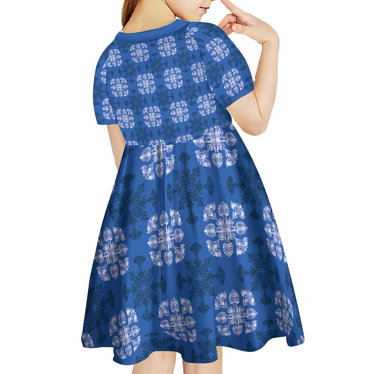 Royal Blue Hawaiian Quilt Kid Short Sleeve Dress Hawaii Pineapple Monstera Palaka Motifs - Polynesian Pride