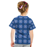 Royal Blue Hawaiian Quilt Kid T Shirt Hawaii Pineapple Monstera Palaka Motifs - Polynesian Pride