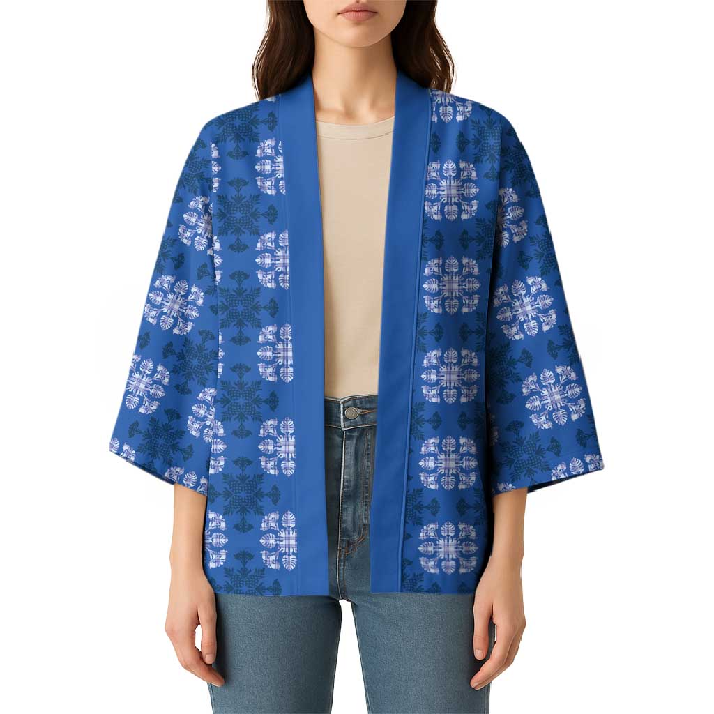 Royal Blue Hawaiian Quilt Kimono Hawaii Pineapple Monstera Palaka Motifs - Polynesian Pride