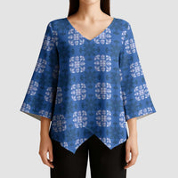 Royal Blue Hawaiian Quilt Kimono Sleeve Blouse Hawaii Pineapple Monstera Palaka Motifs - Polynesian Pride