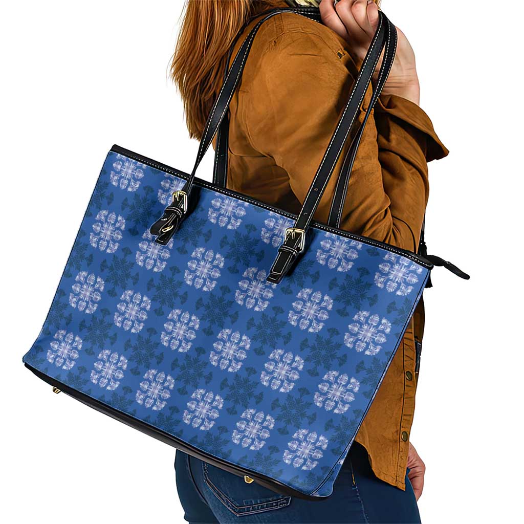 Royal Blue Hawaiian Quilt Leather Tote Bag Hawaii Pineapple Monstera Palaka Motifs - Polynesian Pride