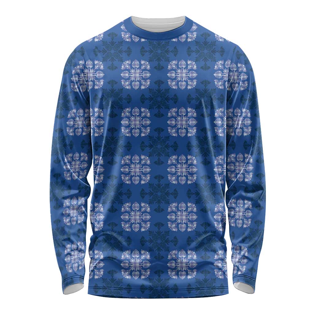 Royal Blue Hawaiian Quilt Long Sleeve Shirt Hawaii Pineapple Monstera Palaka Motifs - Polynesian Pride